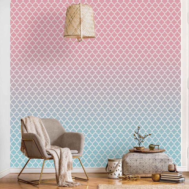 Tapeta różowa Wzór marokański z gradientem w kolorze różowo-niebieskim
