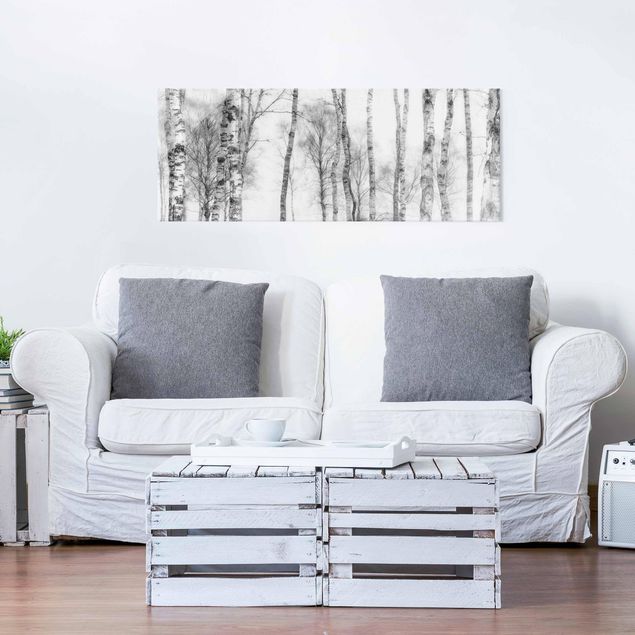 Obrazy na szkle panorama Mistyczny las brzozowy czarno-biały