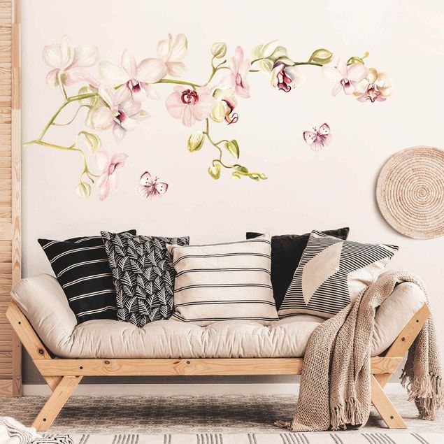 Naklejki kwiaty na ścianę Gałązka orchidei i motyl w różu