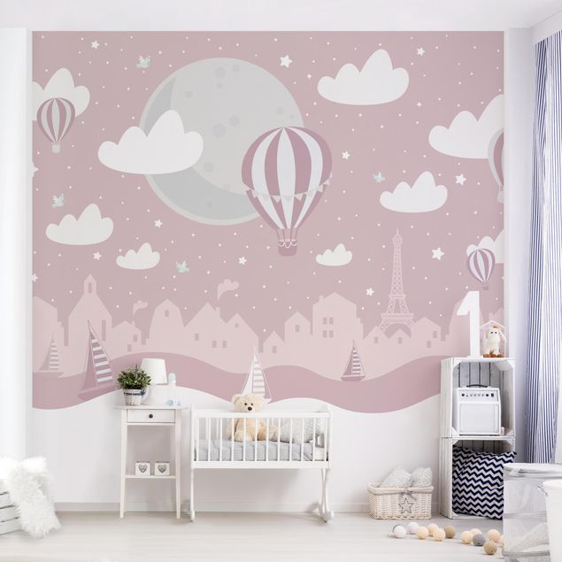 Paryż tapeta Paris With Stars And Hot Air Balloon In Pink