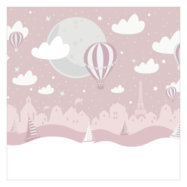 Tapeta ścienna Paris With Stars And Hot Air Balloon In Pink