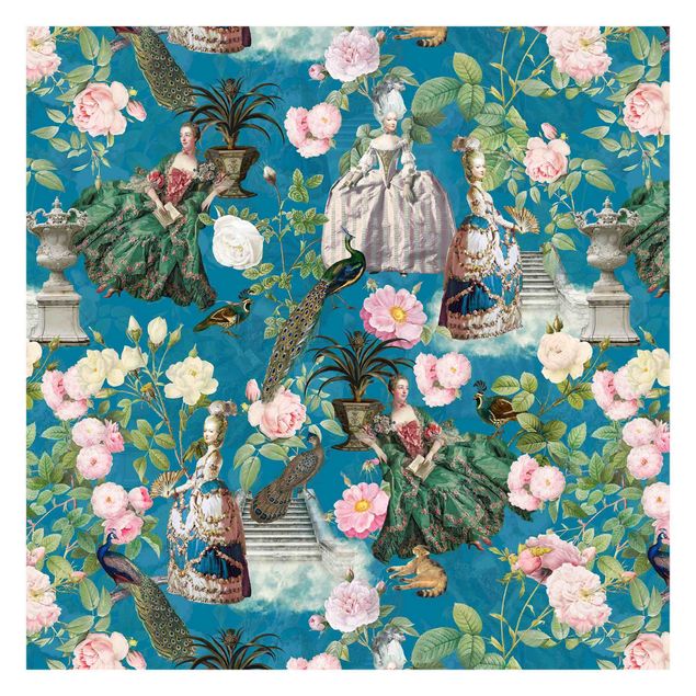 Tapety Pompowe sukienki w ogrodzie różanym na niebieskim tle