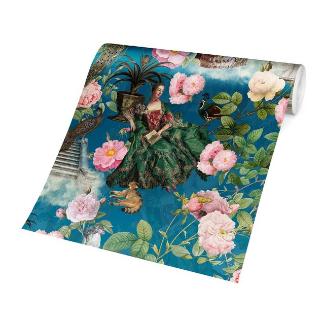 Uta Naumann obrazy Pompowe sukienki w ogrodzie różanym na niebieskim tle