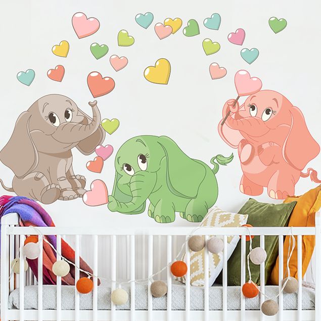 Naklejki na ścianę słoń Tęczowe słoniki z kolorowymi serduszkami