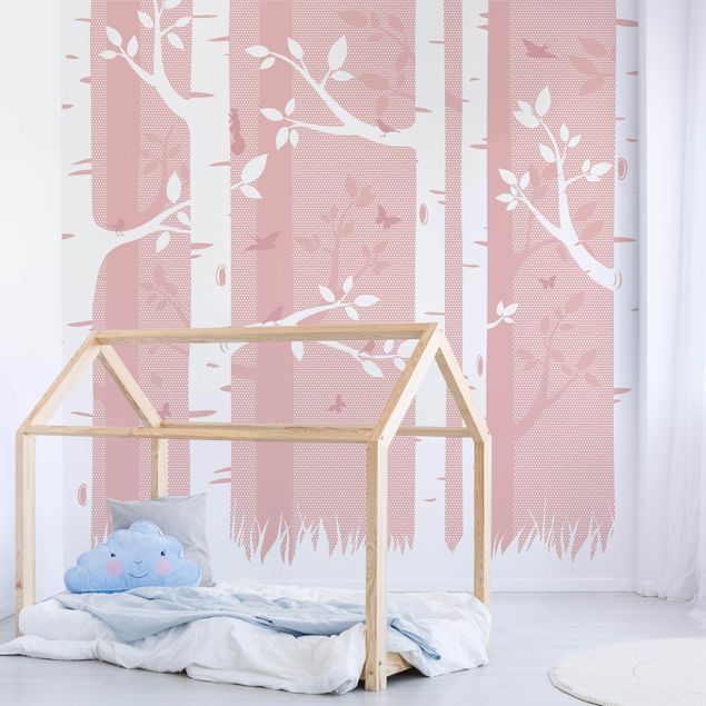 Pokój niemowlęcy Różowy las brzozowy z motylami i ptakami
