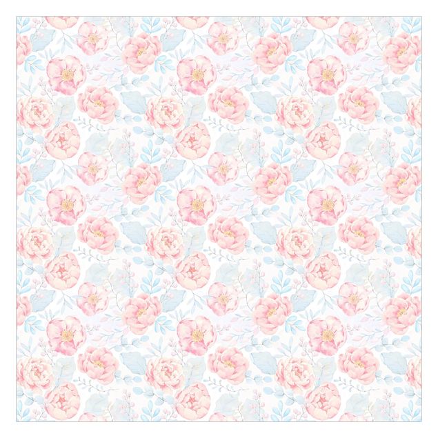 Tapeta - Różowe kwiaty z jasnoniebieskimi liśćmi