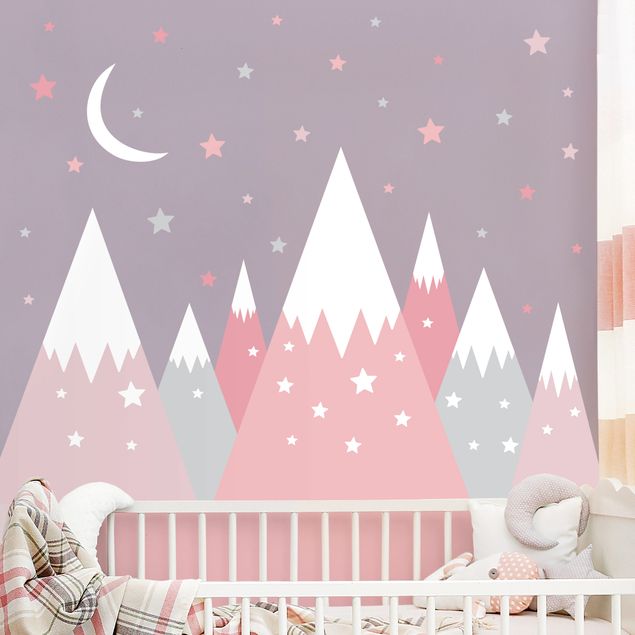 Pokój niemowlęcy Góry pokryte śniegiem, gwiazdy i księżyc, różowy