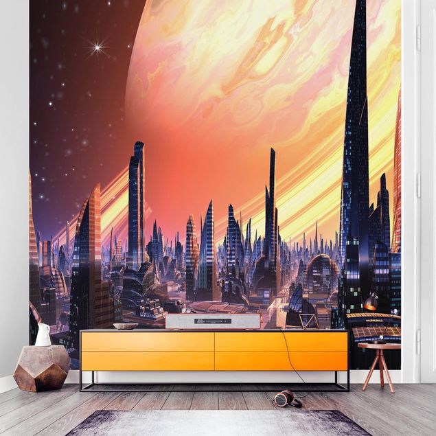 Pomarańczowa tapeta Sci-Fi Large City With Planet