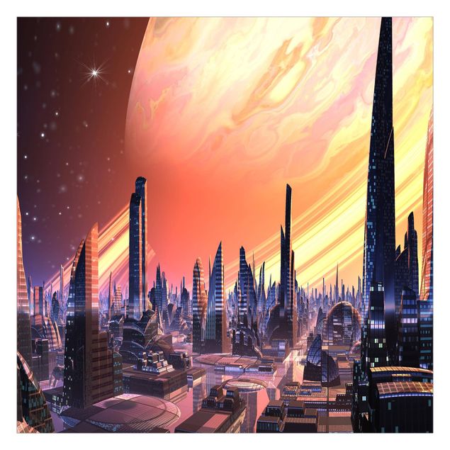 Fototapeta - Sci-Fi Large City With Planet