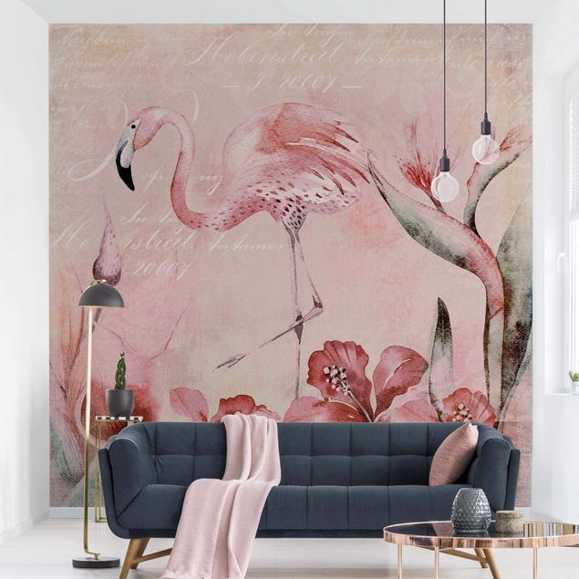 Fototapeta różowa Shabby Chic Kolaż - Flamingo