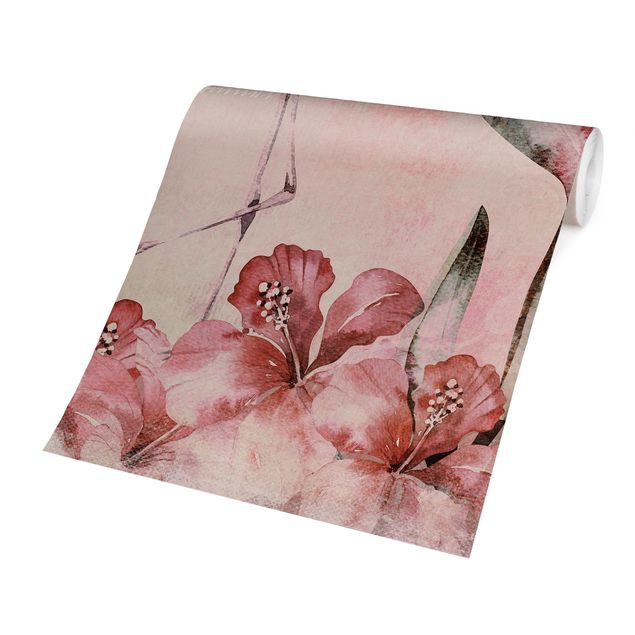 Tapeta w kwiaty Shabby Chic Kolaż - Flamingo