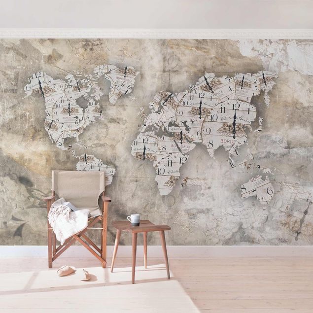 Tapeta imitacja betonu Zegary shabby Mapa świata