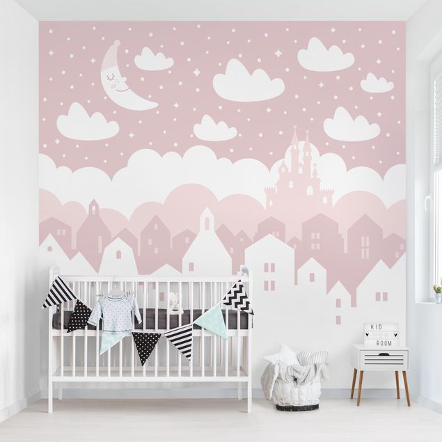 Pokój niemowlęcy i dziecięcy  Starry Sky With Houses And Moon In Light Pink