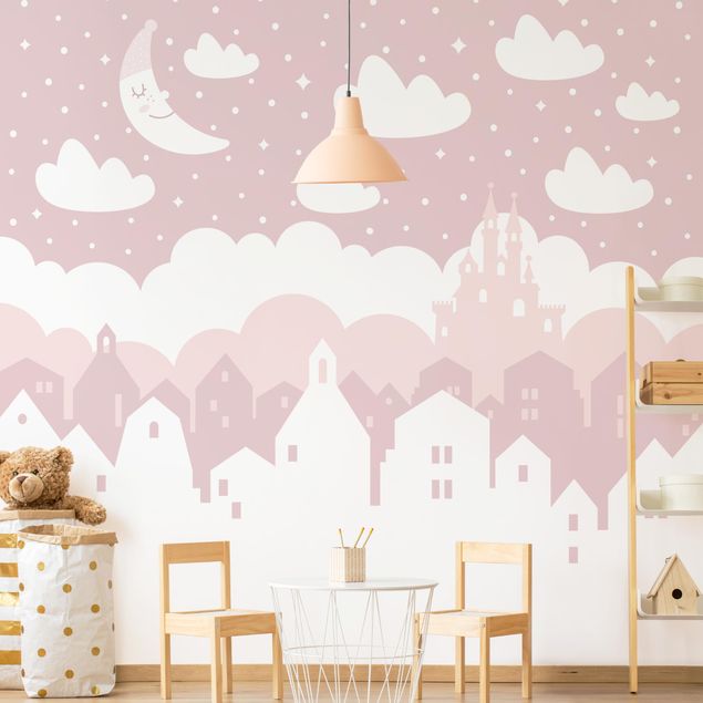 Modne fototapety Starry Sky With Houses And Moon In Light Pink