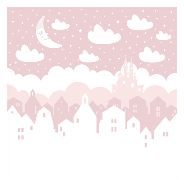 Fototapeta - Starry Sky With Houses And Moon In Light Pink