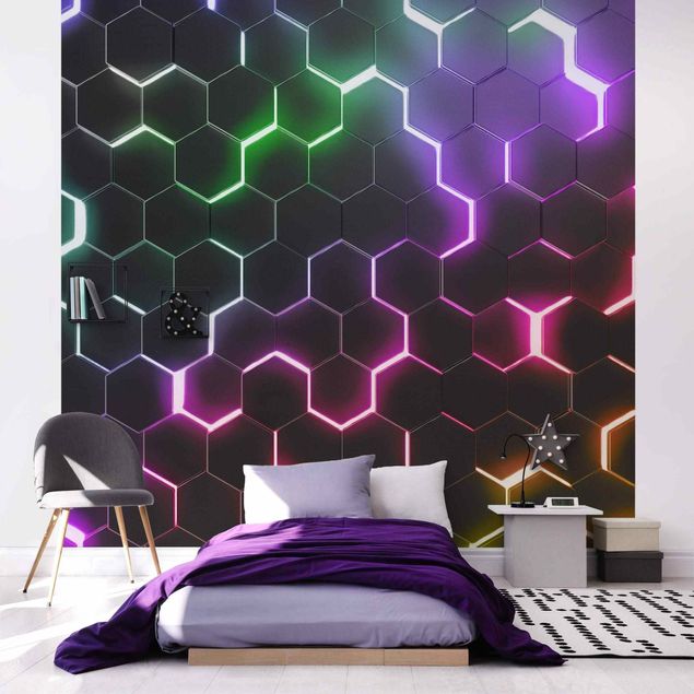 Czarne tapety Hexagonal Pattern With Neon Light
