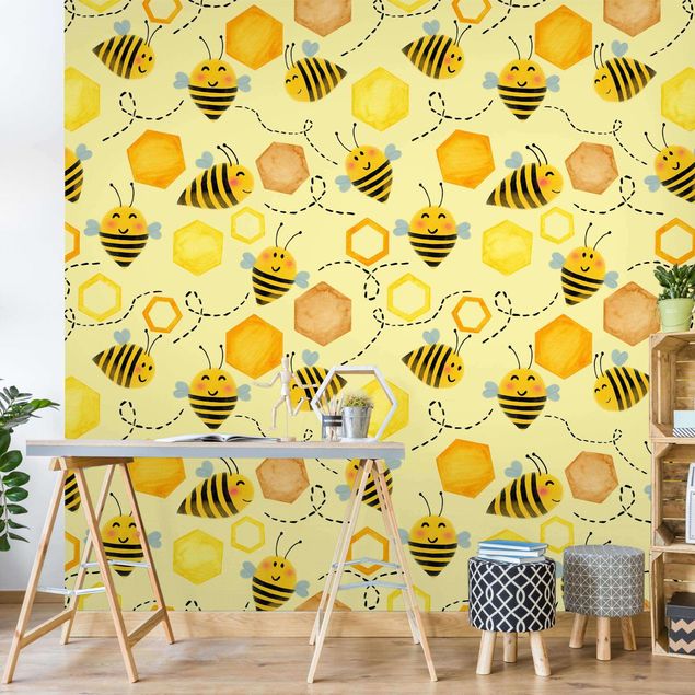 Żółte tapety Ilustracja przedstawiająca słodki miód z pszczołami