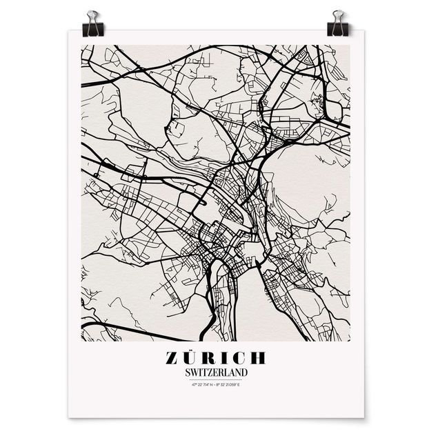 Czarno białe obrazy Mapa miasta Zurych - Klasyczna