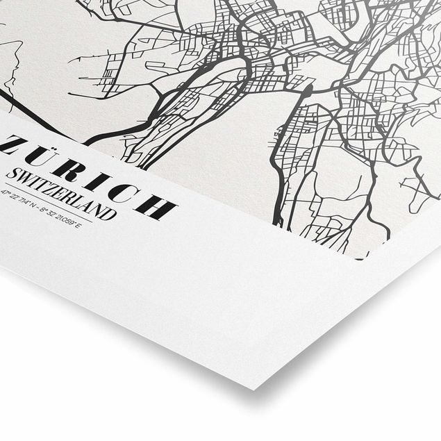 Plakaty czarno białe Mapa miasta Zurych - Klasyczna