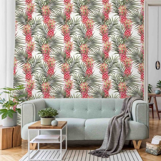 Tapeta różowa Tropikalny ananas z liśćmi palmy