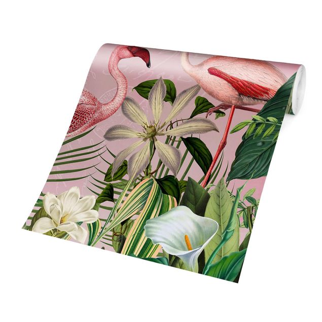 Fototapety kwiaty Tropical Flamingos With Plants In Pink