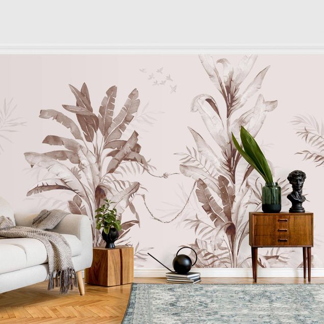 Tapety beżowe na ścianę Tropikalne palmy i liście sepia