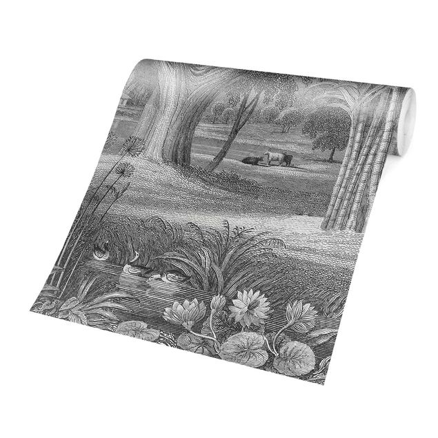 Fototapety Tropikalny ogród z miedzianej płyty z oczkiem wodnym w kolorze szarym