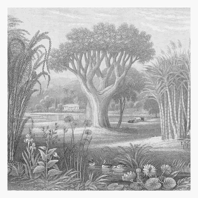 Fototapeta - Tropikalny ogród z miedzianej płyty z oczkiem wodnym w kolorze szarym