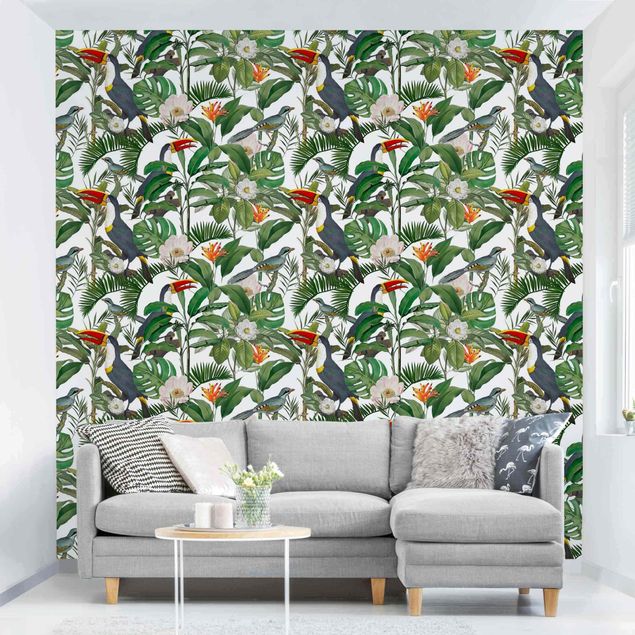 Dekoracja do kuchni Tropikalny tukan z Monstera i liśćmi palmy