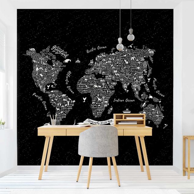 Fototapeta czarno biała Typografia mapa świata czarna