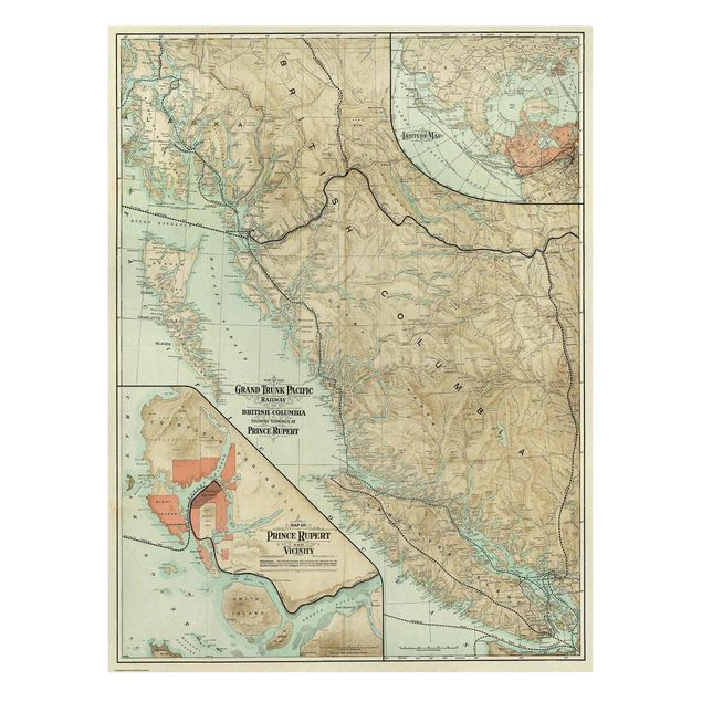 Obrazy retro zabytkowa mapa Kolumbii Brytyjskiej