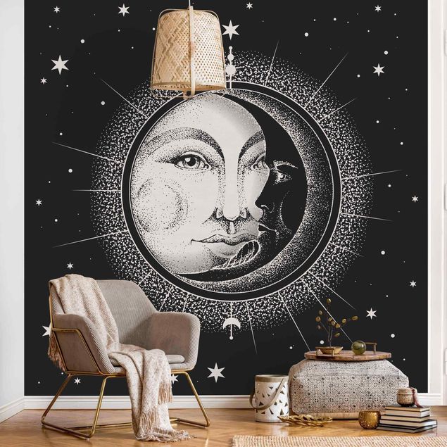 Tapeta biało czarna Ilustracja słońca i księżyca w stylu vintage