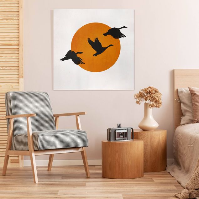 Obrazy nowoczesne Ptaki na tle żółtego słońca