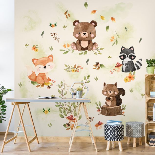 Tapety na ściany Zwierzęta leśne Jesień Lis Niedźwiedź Wiewiórka Szop pracz