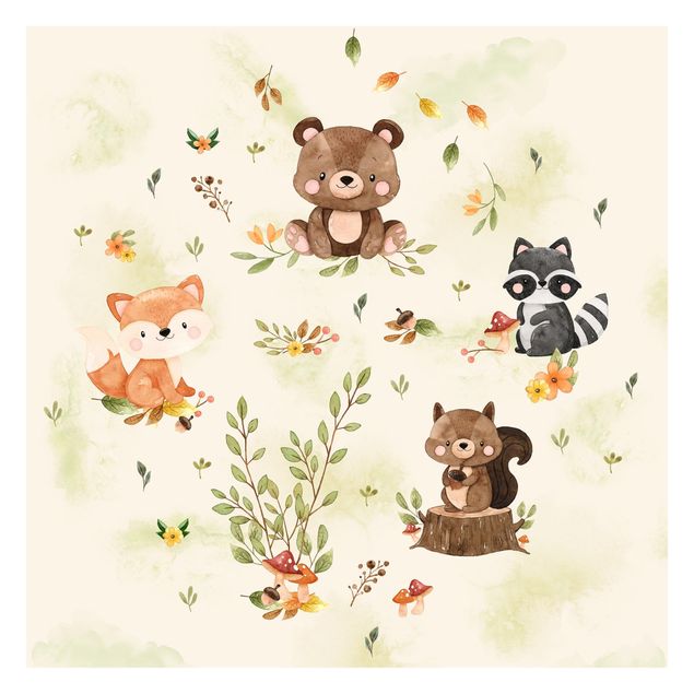 Fototapeta - Zwierzęta leśne Jesień Lis Niedźwiedź Wiewiórka Szop pracz