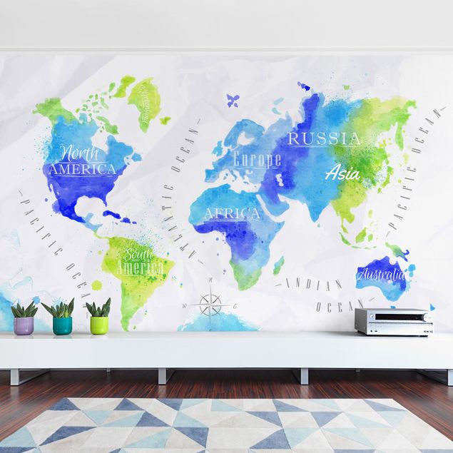 Tapeta mapa świata Mapa świata akwarela niebiesko-zielona