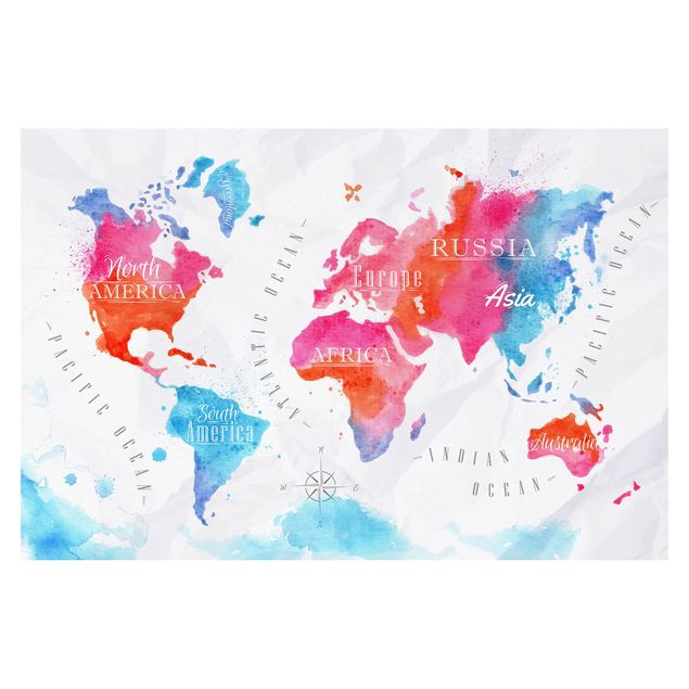 Fototapeta - Mapa świata akwarela czerwona niebieska