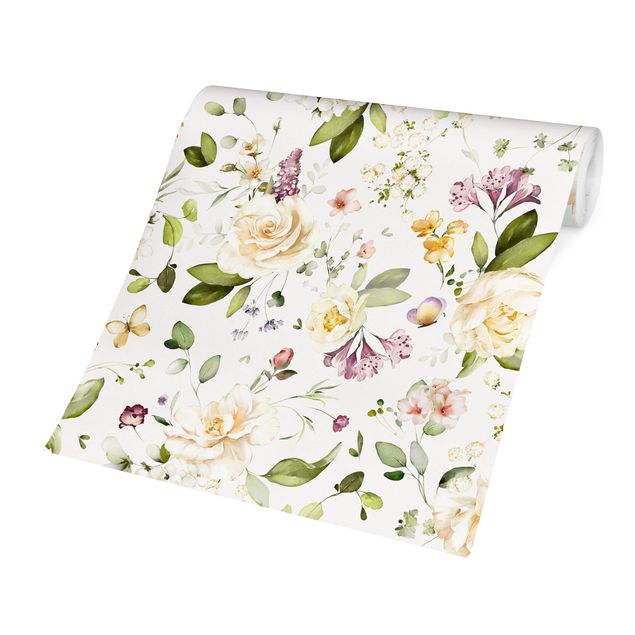 Tapety Wildflowers and White Roses Watercolour Pattern