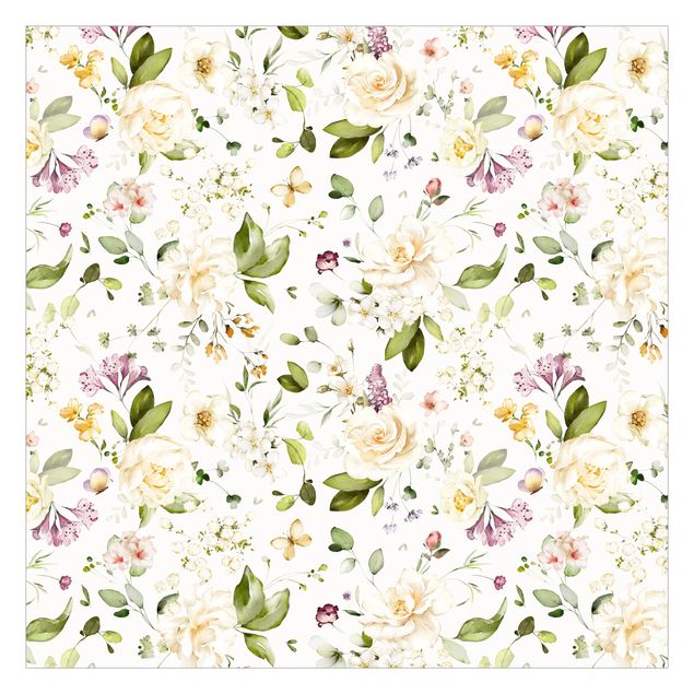 Fototapety Wildflowers and White Roses Watercolour Pattern