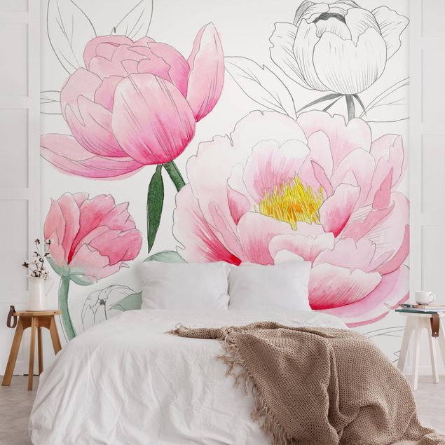 Róże tapeta Rysowanie różowych peonii I