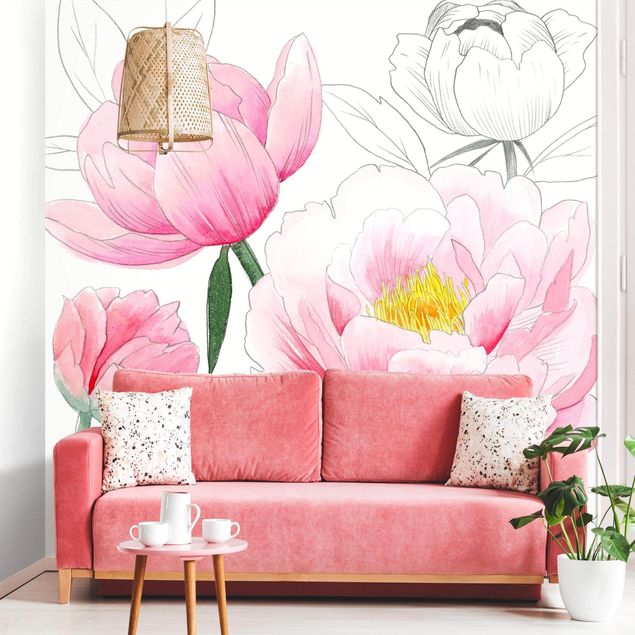Tapeta w kwiaty Rysowanie różowych peonii I