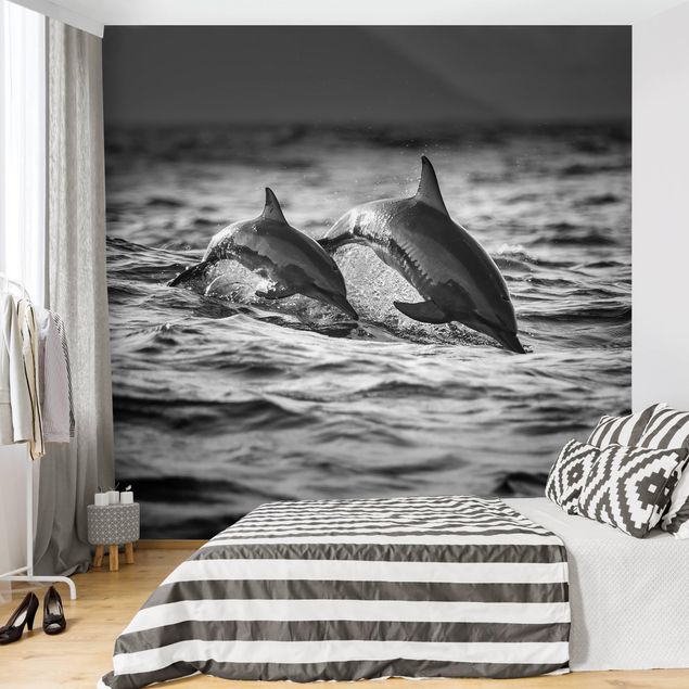 Tapeta biało czarna Dwa skaczące delfiny