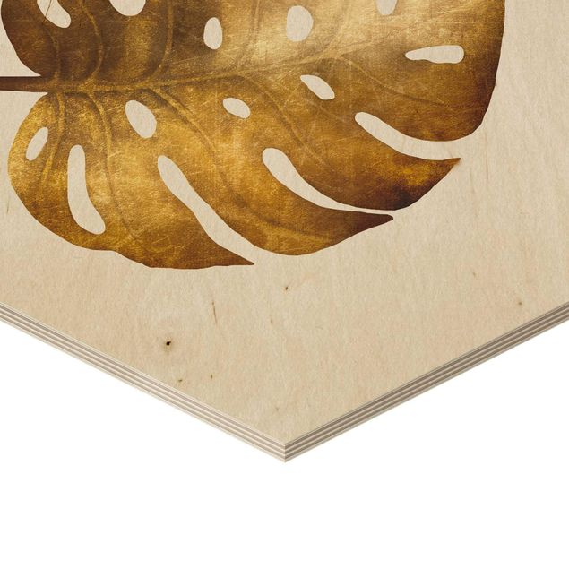 Obraz heksagonalny z drewna - Złoto - Monstera