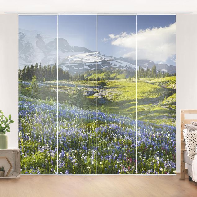 Zasłony panelowe zestaw - Mountain Meadow With Blue Flowers in Front of Mt. Rainier