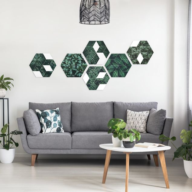 Obraz heksagonalny z Forex 6-częściowy - Zbiór geometrii "Zielone liście" II