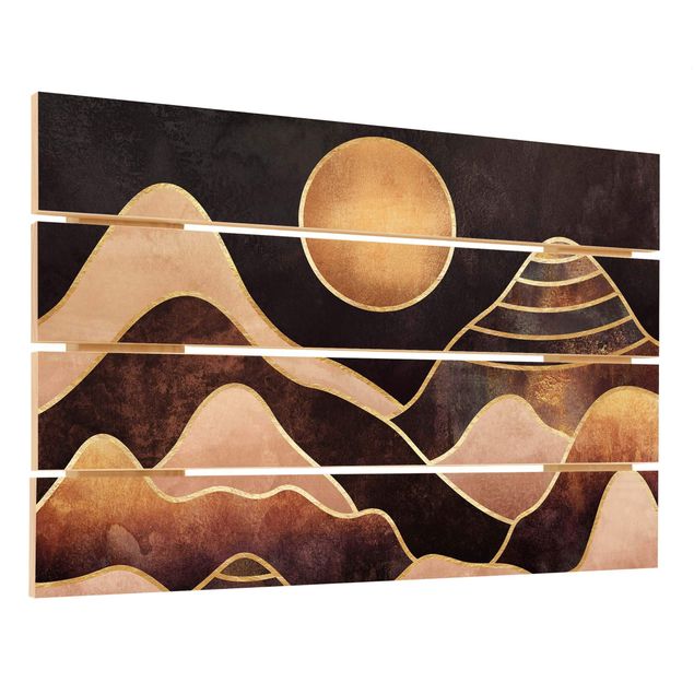Obraz z drewna - Złote słońce abstrakcyjne góry