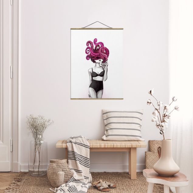 Obrazy nowoczesne Ilustracja kobiety w bieliźnie czarno-biały ośmiornica