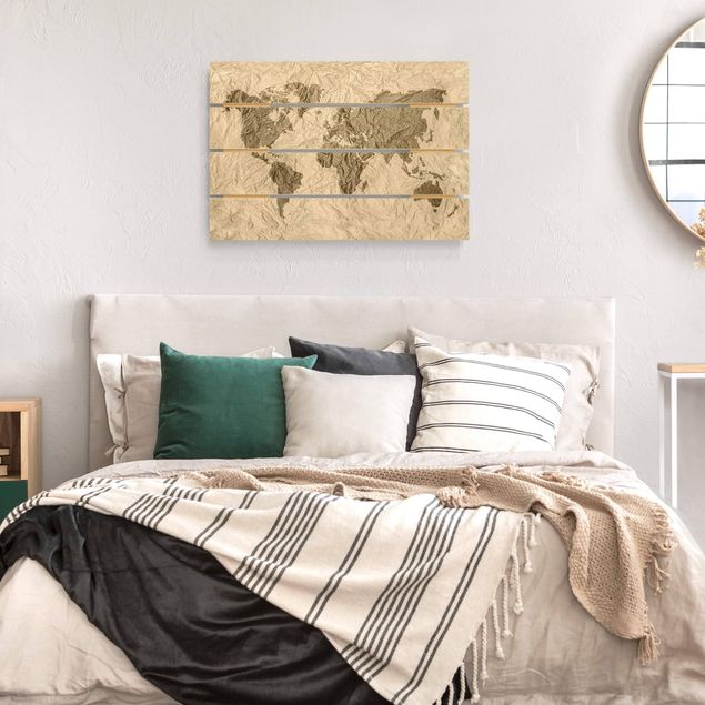 Obrazy drewniane Papierowa mapa świata beżowo-brązowa