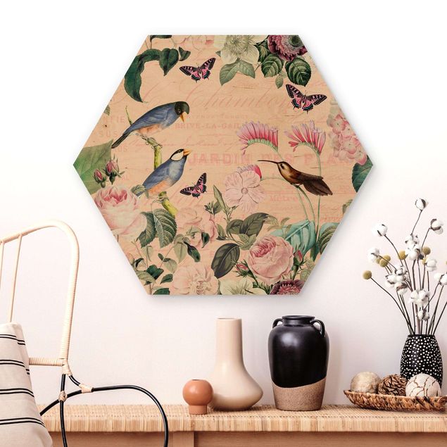 Obraz heksagonalny z drewna - Kolaż w stylu vintage - róże i ptaki