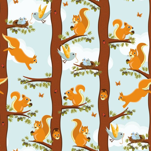 Folia samoprzylepna - Śliczny wzór dla dzieci z wiewiórkami i małymi ptaszkami